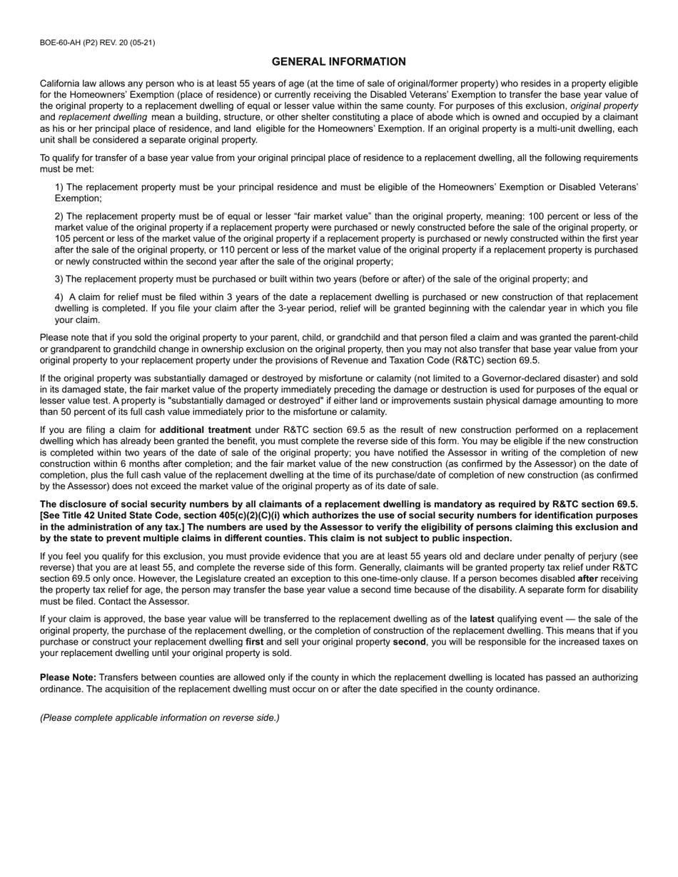 Form BOE-60-AH Claim of Person(s) at Least 55 Years of Age for Transfer of Base Year Value to Replacement Dwelling - County of Santa Cruz, California, Page 2