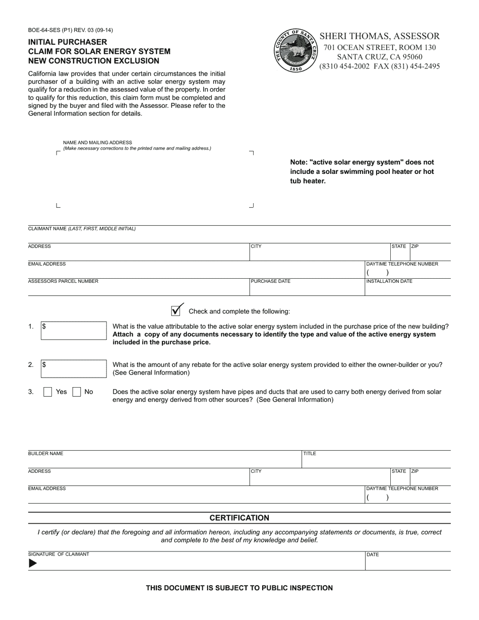 Form BOE-64-SES Initial Purchaser Claim for Solar Energy System New Construction Exclusion - County of Santa Cruz, California, Page 1