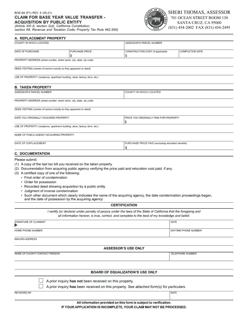 Form BOE-68 Claim for Base Year Value Transfer - Acquisition by Public Entity - County of Santa Cruz, California