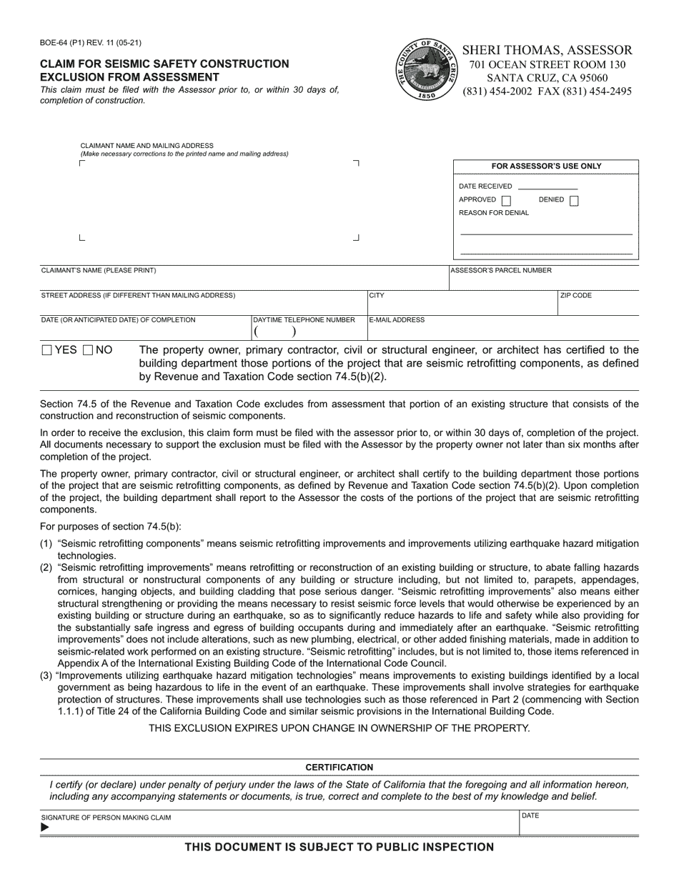 Form BOE-64 Claim for Seismic Safety Construction Exclusion From Assessment - County of Santa Cruz, California, Page 1
