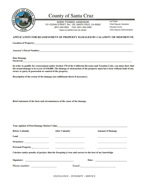 Application for Reassessment of Property Damaged by Calamity or Misfortune - County of Santa Cruz, California Download Pdf