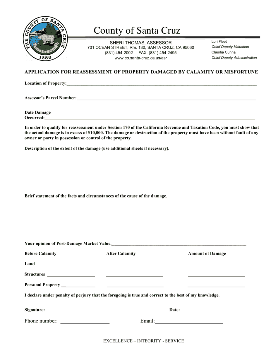 Application for Reassessment of Property Damaged by Calamity or Misfortune - County of Santa Cruz, California, Page 1