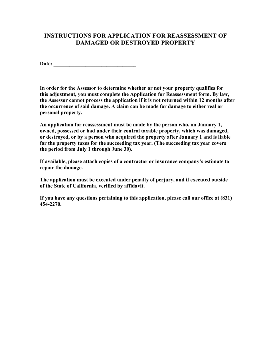 Application for Reassessment of Property Damaged by Calamity or Misfortune - County of Santa Cruz, California, Page 2