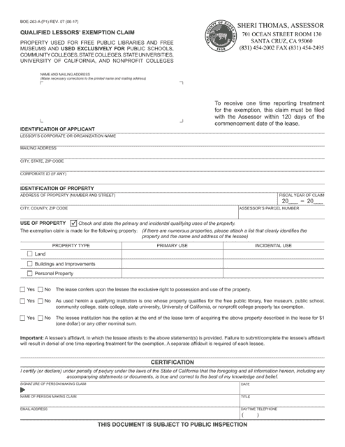 Form BOE-263-A Qualified Lessors' Exemption Claim - County of Santa Cruz, California