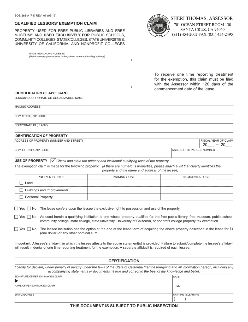 Form BOE-263-A - Fill Out, Sign Online And Download Fillable PDF ...