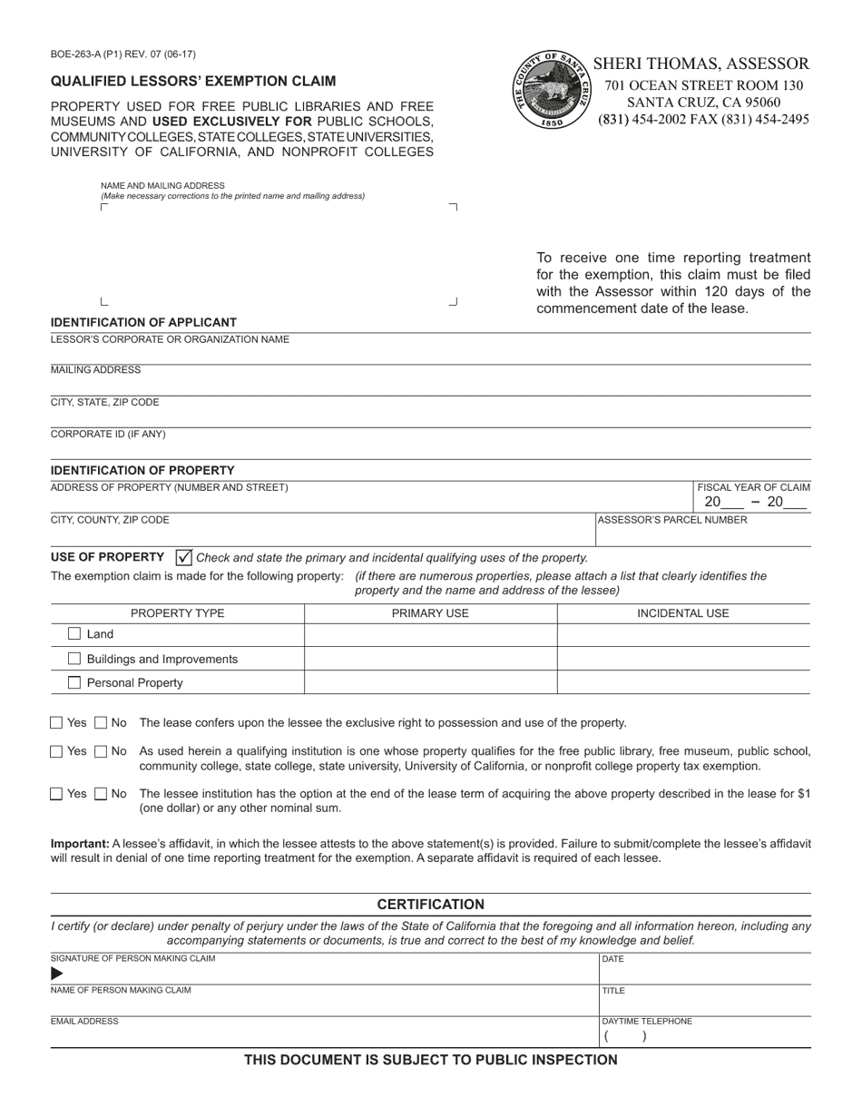 Form BOE-263-A Qualified Lessors Exemption Claim - County of Santa Cruz, California, Page 1