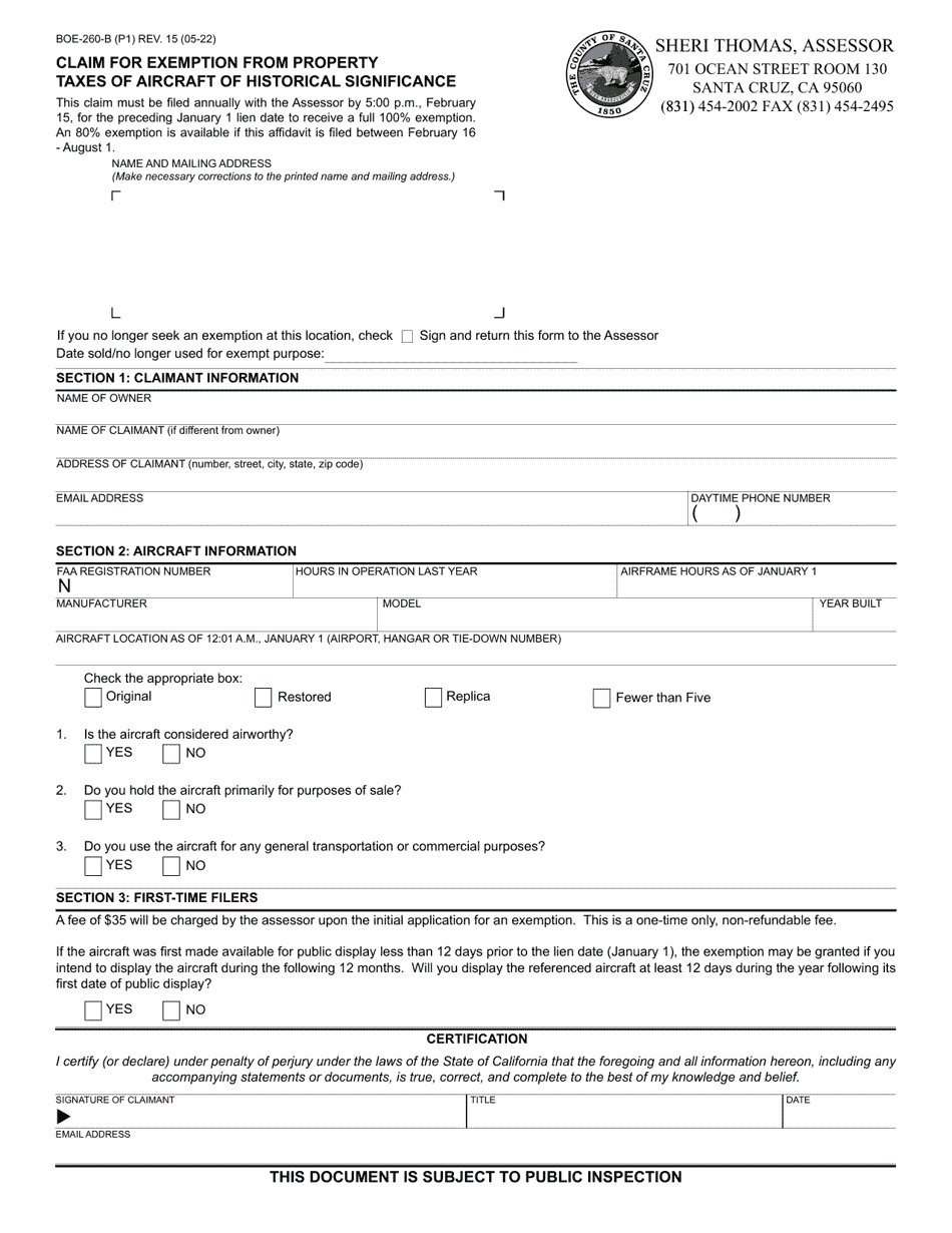 Form BOE-260-B Claim for Exemption From Property Taxes of Aircraft of Historical Significance - County of Santa Cruz, California, Page 1