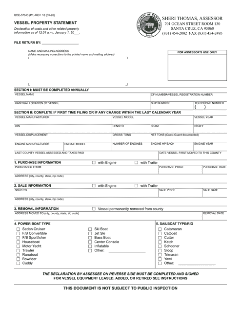 Form BOE-576-D Vessel Property Statement - County of Santa Cruz, California