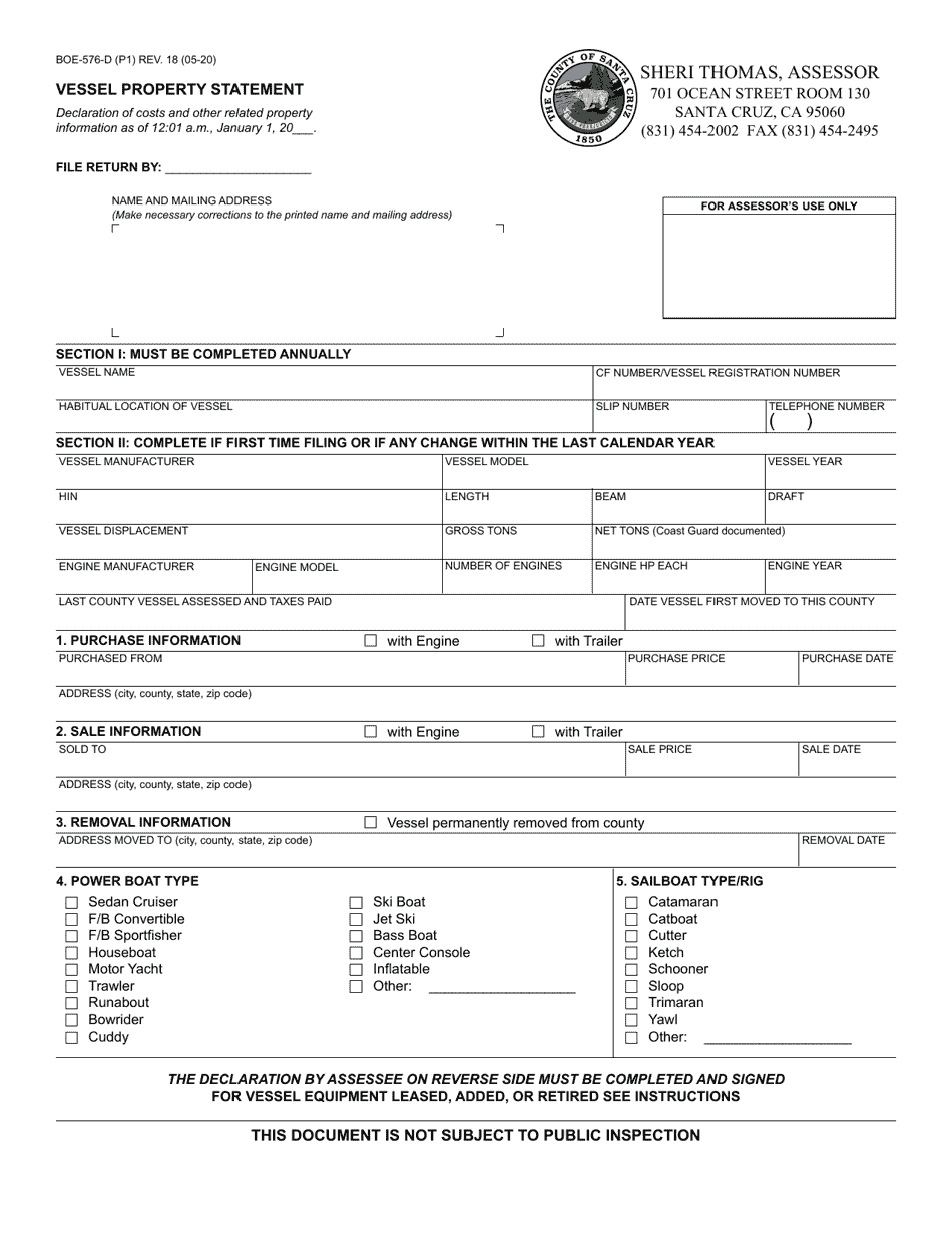 Form BOE-576-D Vessel Property Statement - County of Santa Cruz, California, Page 1