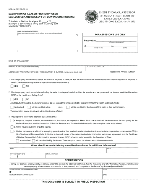 Form BOE-236 Exemption of Leased Property Used Exclusively and Solely for Low-Income Housing - County of Santa Cruz, California