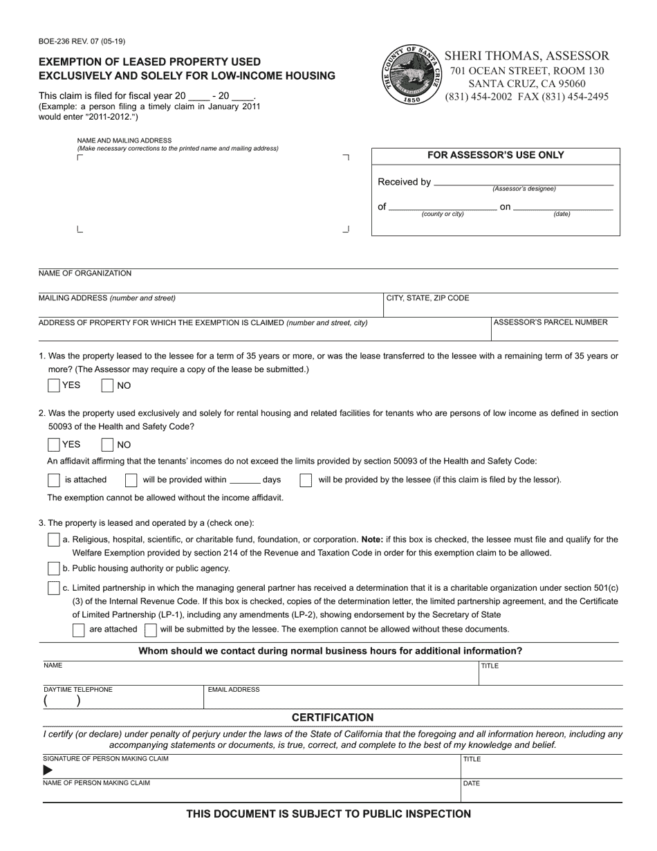 Form BOE-236 Exemption of Leased Property Used Exclusively and Solely for Low-Income Housing - County of Santa Cruz, California, Page 1