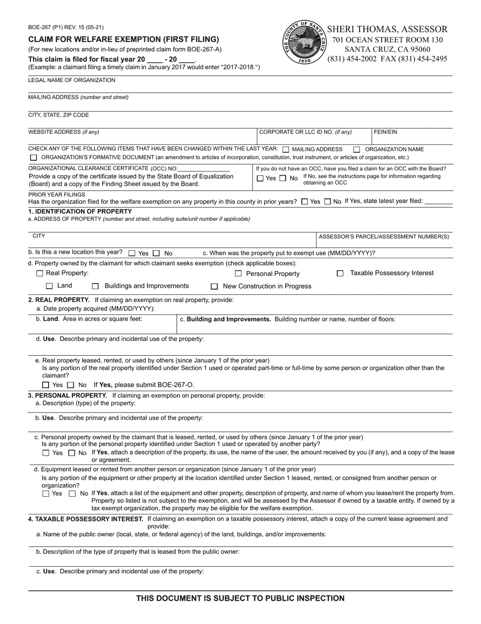 Form BOE-267 Claim for Welfare Exemption (First Filing) - County of Santa Cruz, California, Page 1