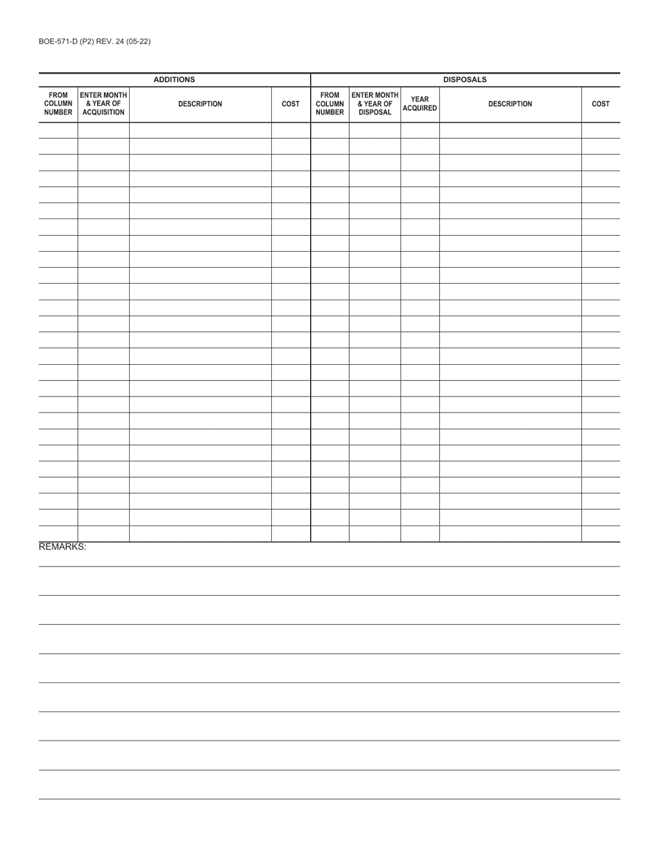 Form BOE-571-D Supplemental Schedule for Reporting Monthly Acquisitions and Disposals of Property Reported on Schedule B of the Business Property Statement - County of Santa Cruz, California, Page 2