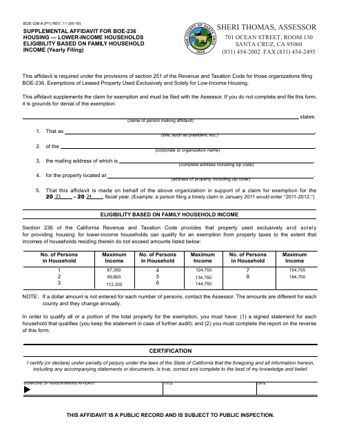 Form BOE-236-A Supplemental Affidavit for Boe-236 Housing - Lower-Income Households Eligibility Based on Family Household Income (Yearly Filing) - Santa Cruz County, California