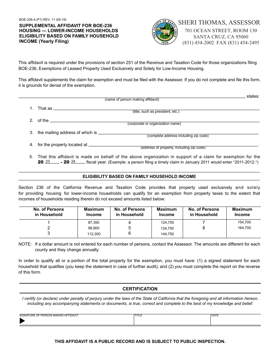 Form BOE-236-A - Fill Out, Sign Online And Download Fillable PDF, Santa ...