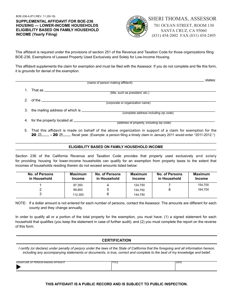 Form BOE-236-A Supplemental Affidavit for Boe-236 Housing - Lower-Income Households Eligibility Based on Family Household Income (Yearly Filing) - Santa Cruz County, California, Page 1