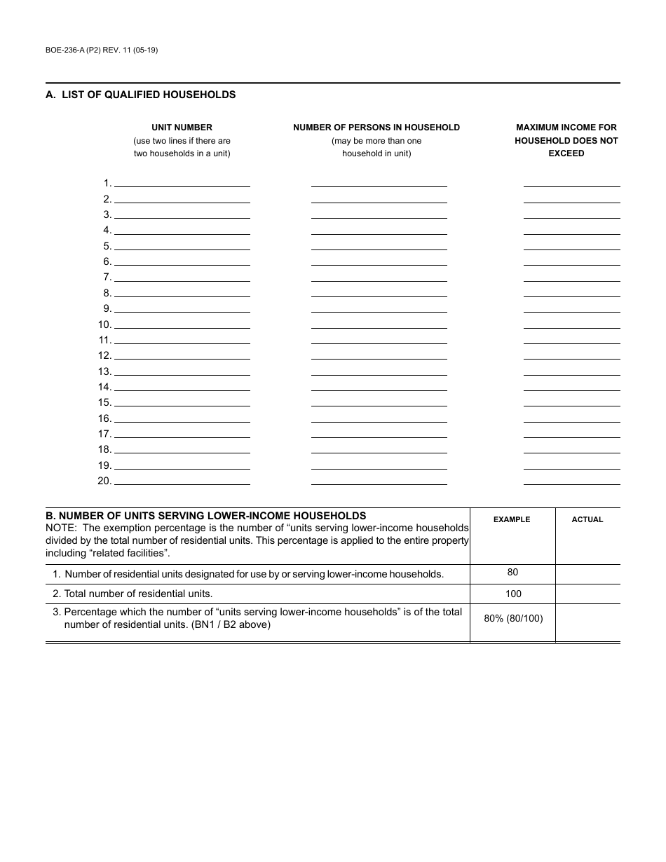 Form BOE-236-A Supplemental Affidavit for Boe-236 Housing - Lower-Income Households Eligibility Based on Family Household Income (Yearly Filing) - Santa Cruz County, California, Page 2