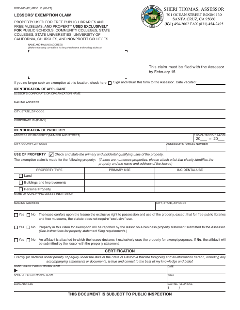 Form BOE-263 Lessors' Exemption Claim - Santa Cruz County, California