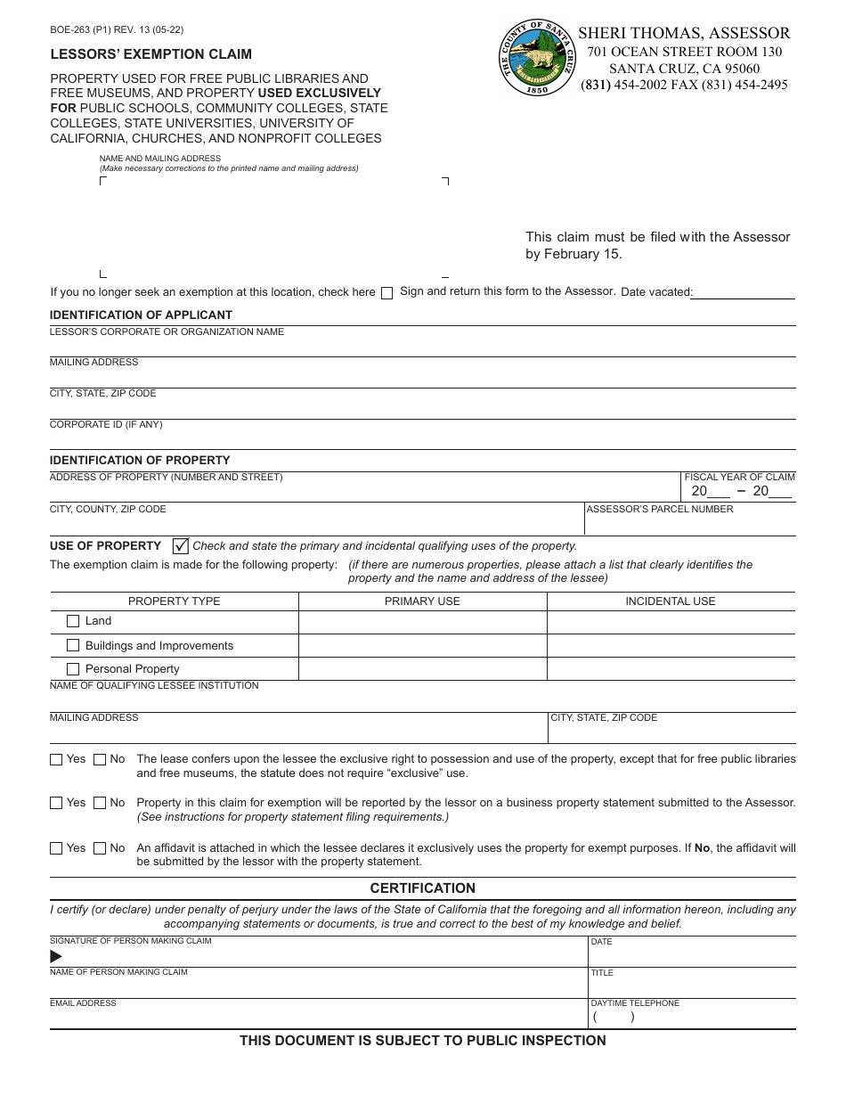Form BOE-263 Lessors Exemption Claim - Santa Cruz County, California, Page 1