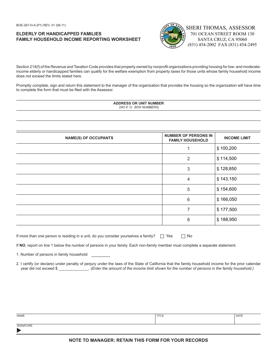 Form BOE-267-H-A Elderly or Handicapped Families Family Household Income Reporting Worksheet - Santa Cruz County, California, Page 1