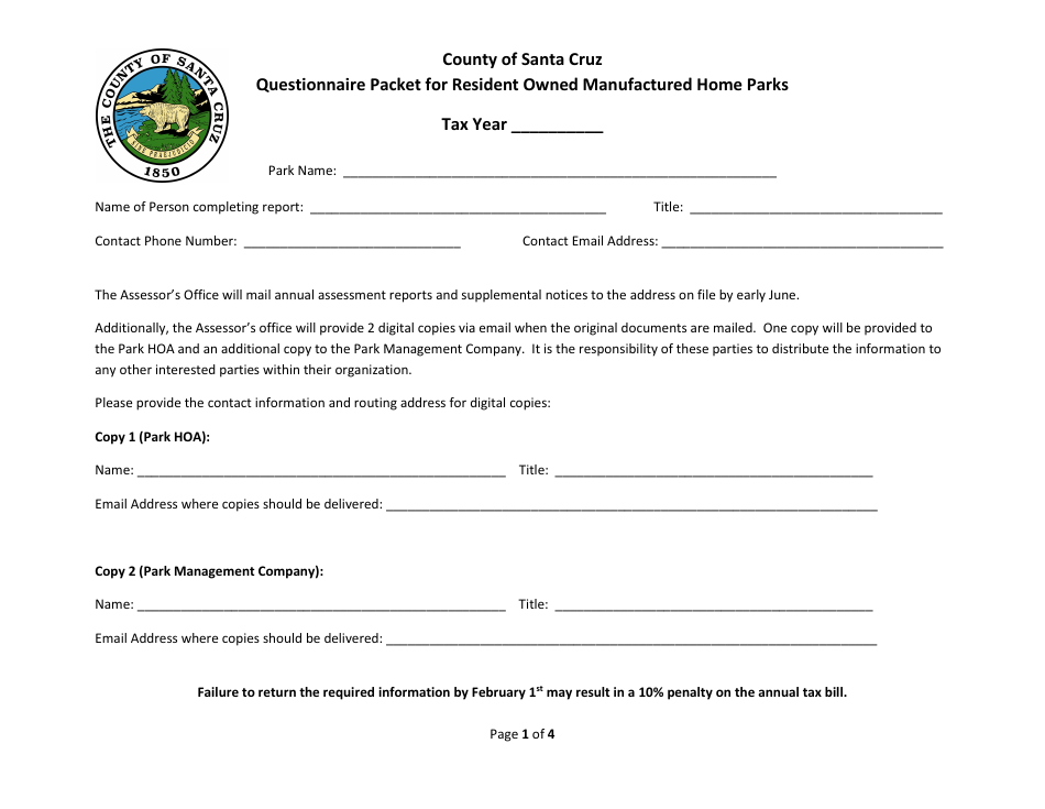 Questionnaire Packet for Resident Owned Manufactured Home Parks - Santa Cruz County, California, Page 1