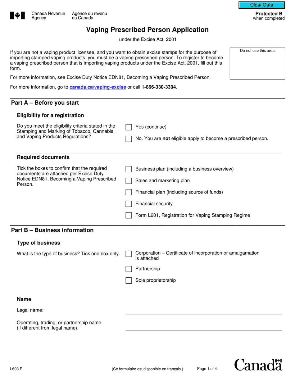 Form L603 Vaping Prescribed Person Application - Canada, Page 1