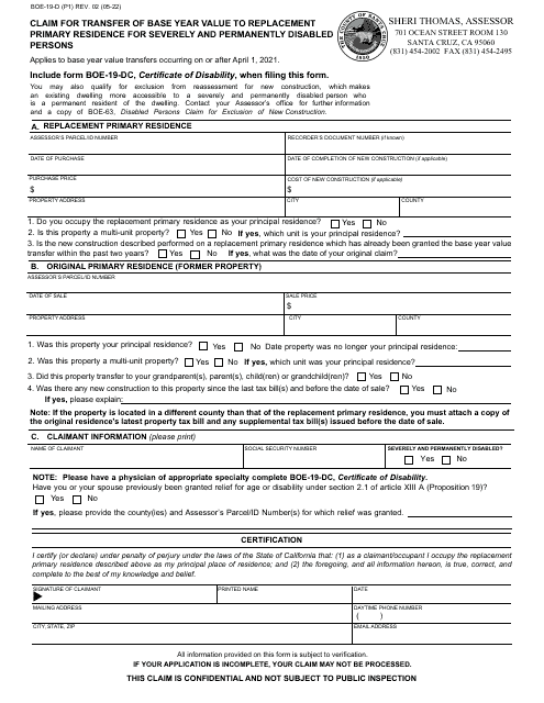 Form BOE-19-D Claim for Transfer of Base Year Value to Replacement Primary Residence for Severely and Permanently Disabled Persons - Santa Cruz County, California