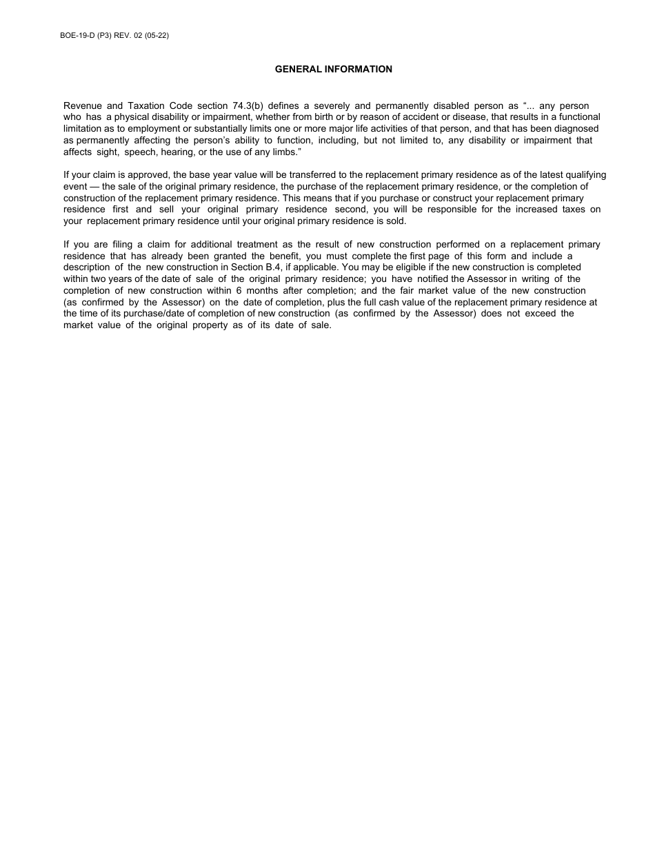 Form BOE-19-D Claim for Transfer of Base Year Value to Replacement Primary Residence for Severely and Permanently Disabled Persons - Santa Cruz County, California, Page 3