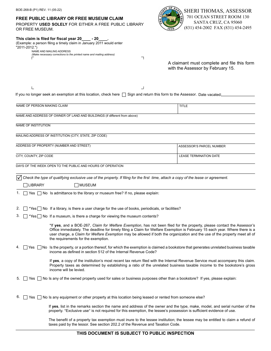 Form BOE-268-B Free Public Library or Free Museum Claim - Santa Cruz County, California, Page 1