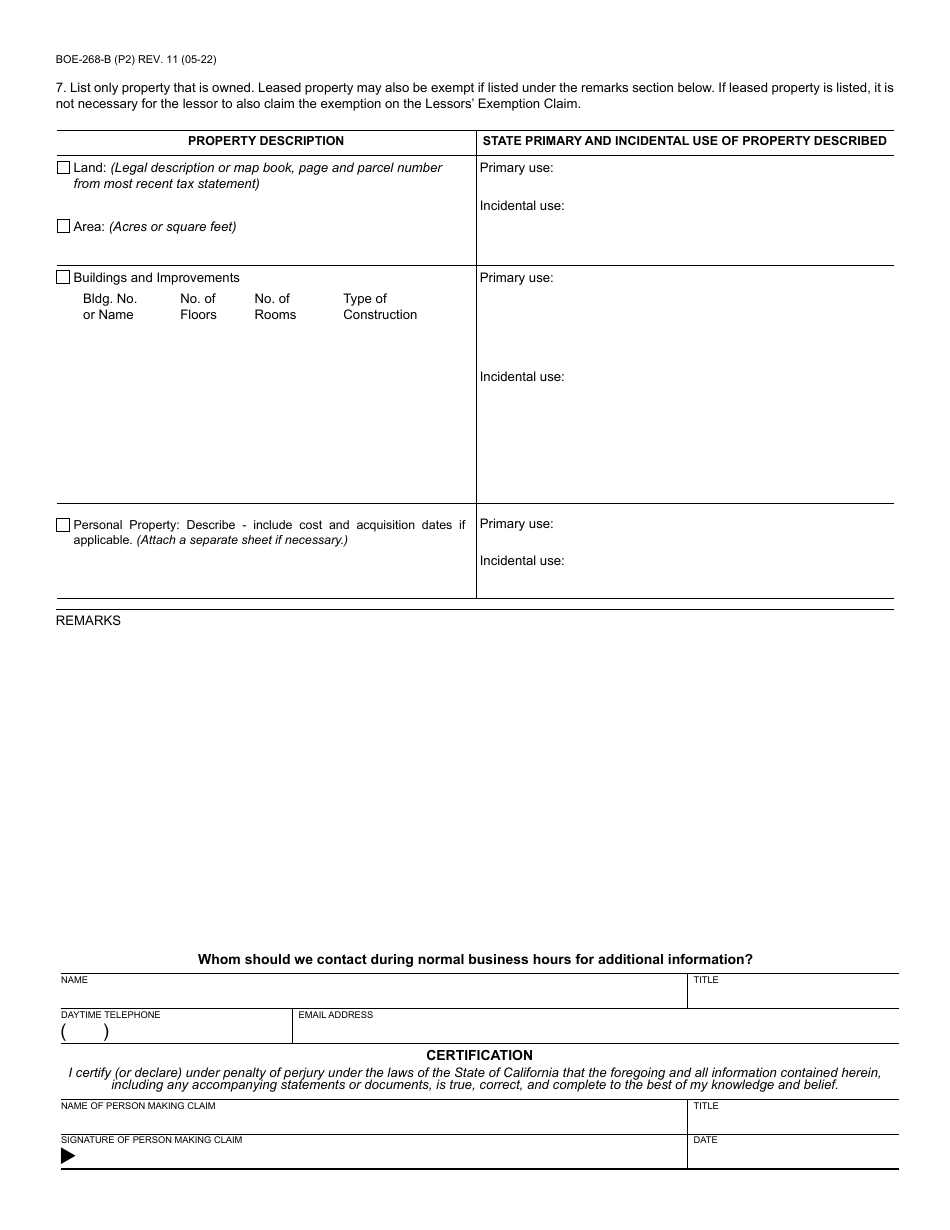 Form BOE-268-B Free Public Library or Free Museum Claim - Santa Cruz County, California, Page 2