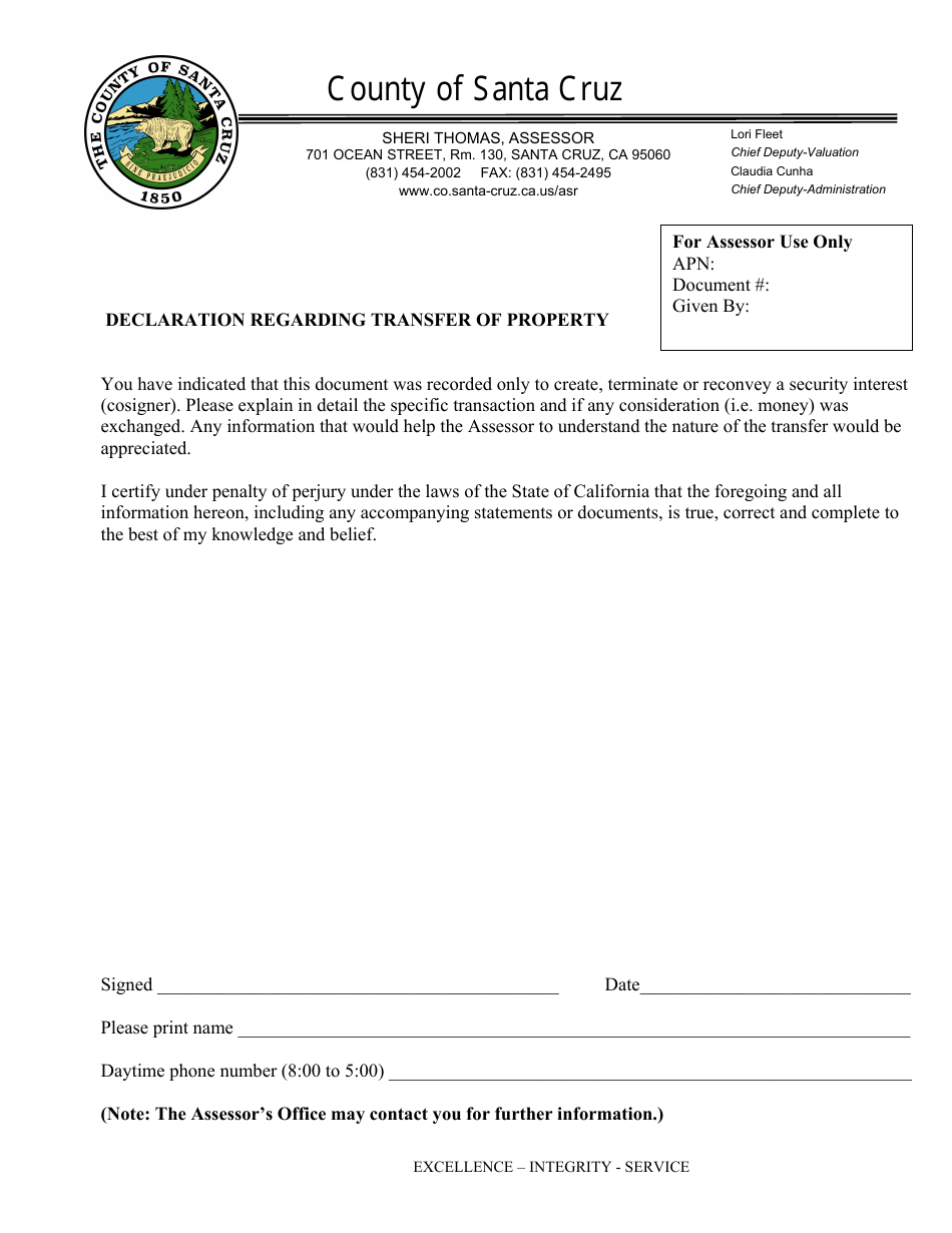 Santa Cruz County, California Declaration Regarding Transfer of