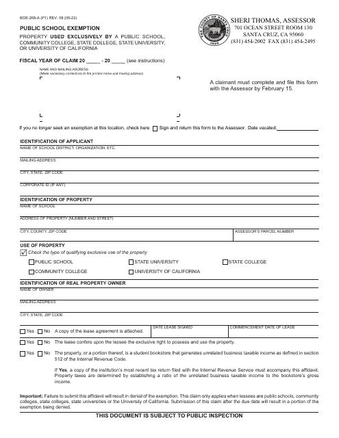Form BOE-268-A Public School Exemption - Santa Cruz County, California
