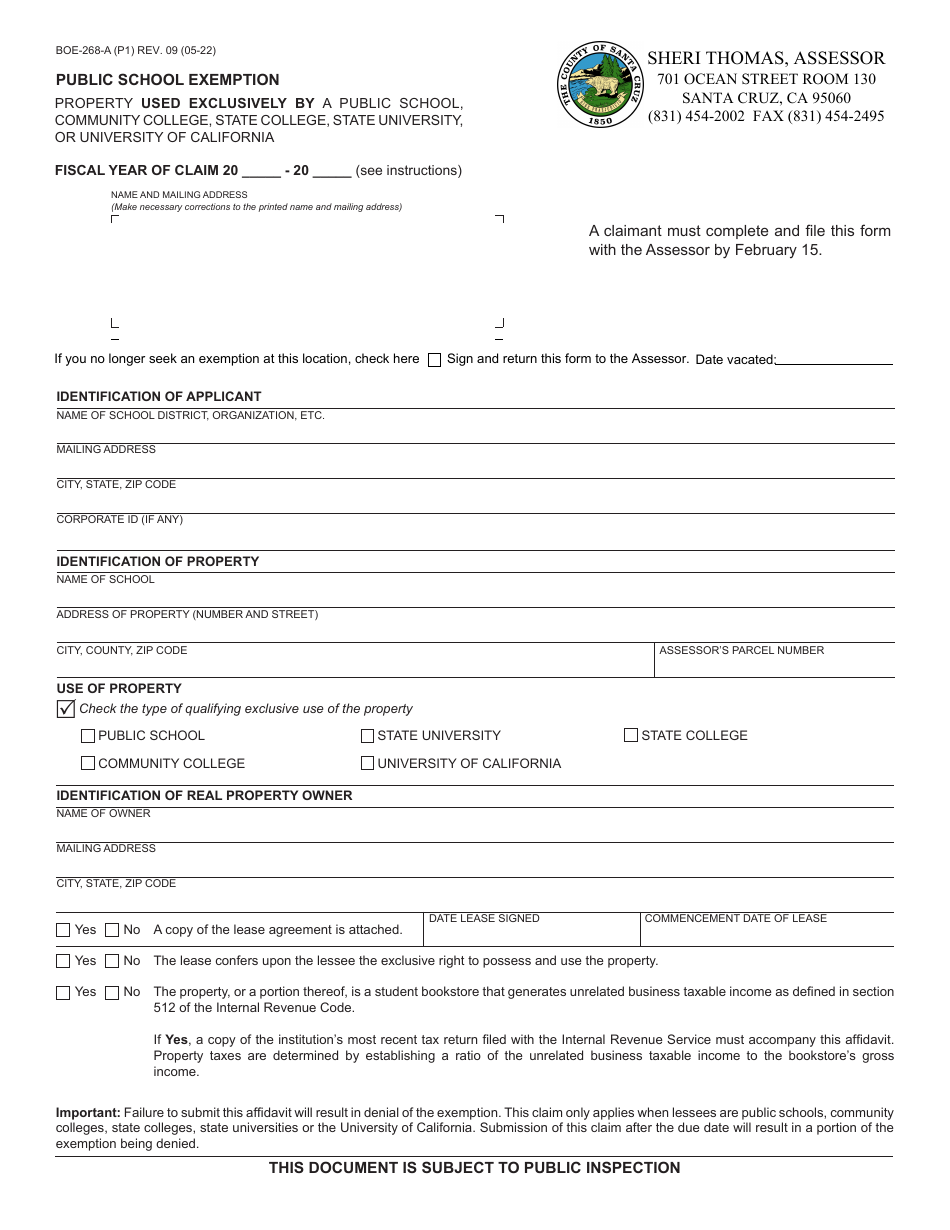 Form BOE-268-A Public School Exemption - Santa Cruz County, California, Page 1