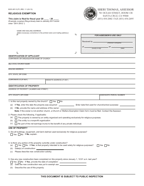 Form BOE-267-S  Printable Pdf