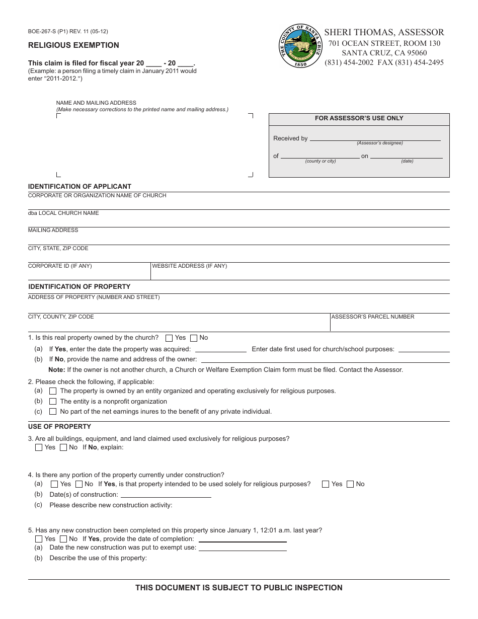 Form BOE-267-S Religious Exemption - Santa Cruz County, California, Page 1