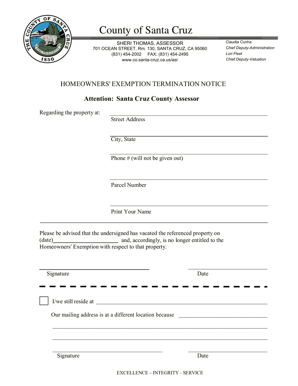 Santa Cruz County, California Homeowners' Exemption Termination Notice