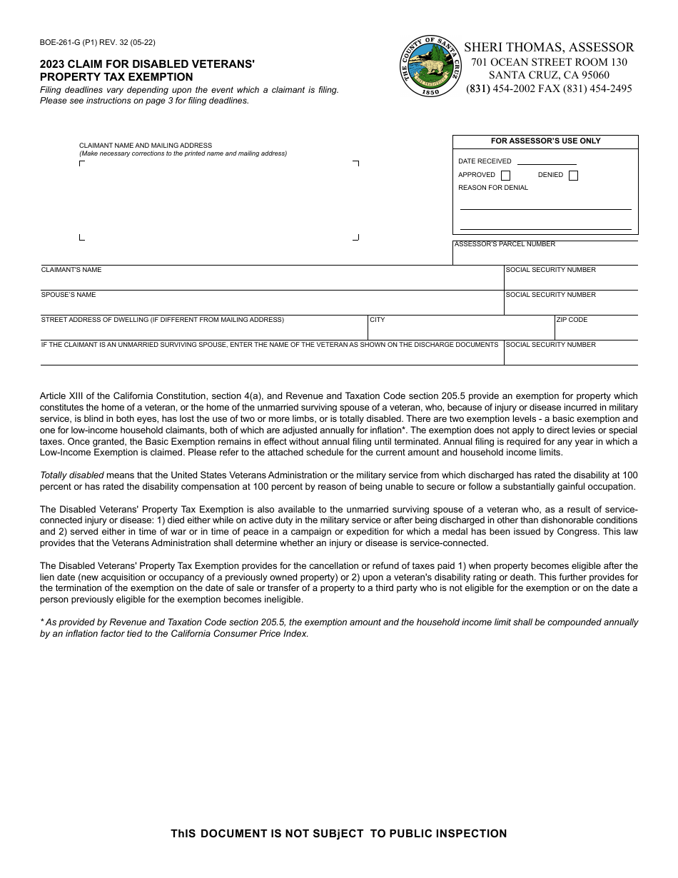 Form BOE-261-G Claim for Disabled Veterans Property Tax Exemption - Santa Cruz County, California, Page 1