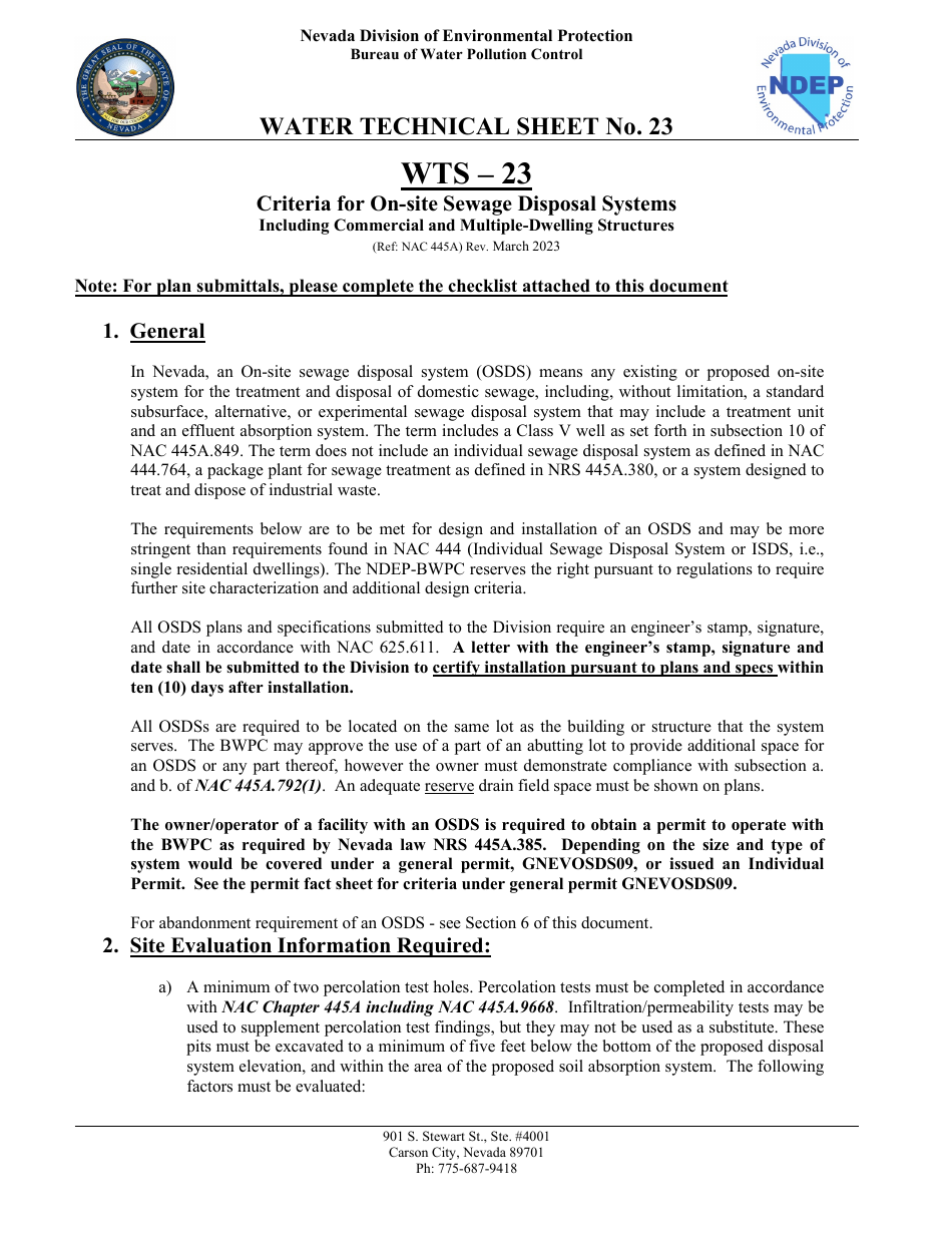 Form WTS-23 Criteria for on-Site Sewage Disposal Systems, Including Commercial and Multiple-Dwelling Structures - Nevada, Page 1