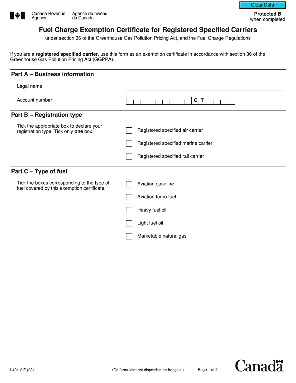 Form L401-2 Fuel Charge Exemption Certificate for Registered Specified Carriers - Canada, Page 1
