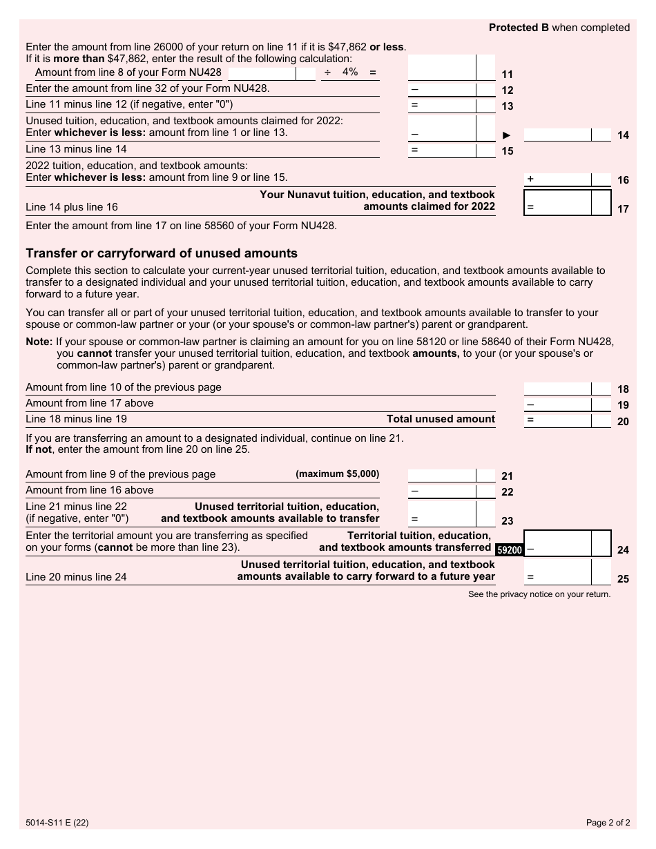 Form 5014-S11 Schedule NU(S11) Nunavut Tuition, Education, and Textbook Amounts - Canada, Page 2