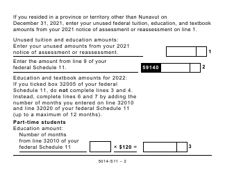 Form 5014-S11 Schedule NU(S11) Nunavut Tuition, Education, and Textbook Amounts (Large Print) - Canada, Page 2