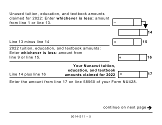 Form 5014-S11 Schedule NU(S11) Nunavut Tuition, Education, and Textbook Amounts (Large Print) - Canada, Page 5