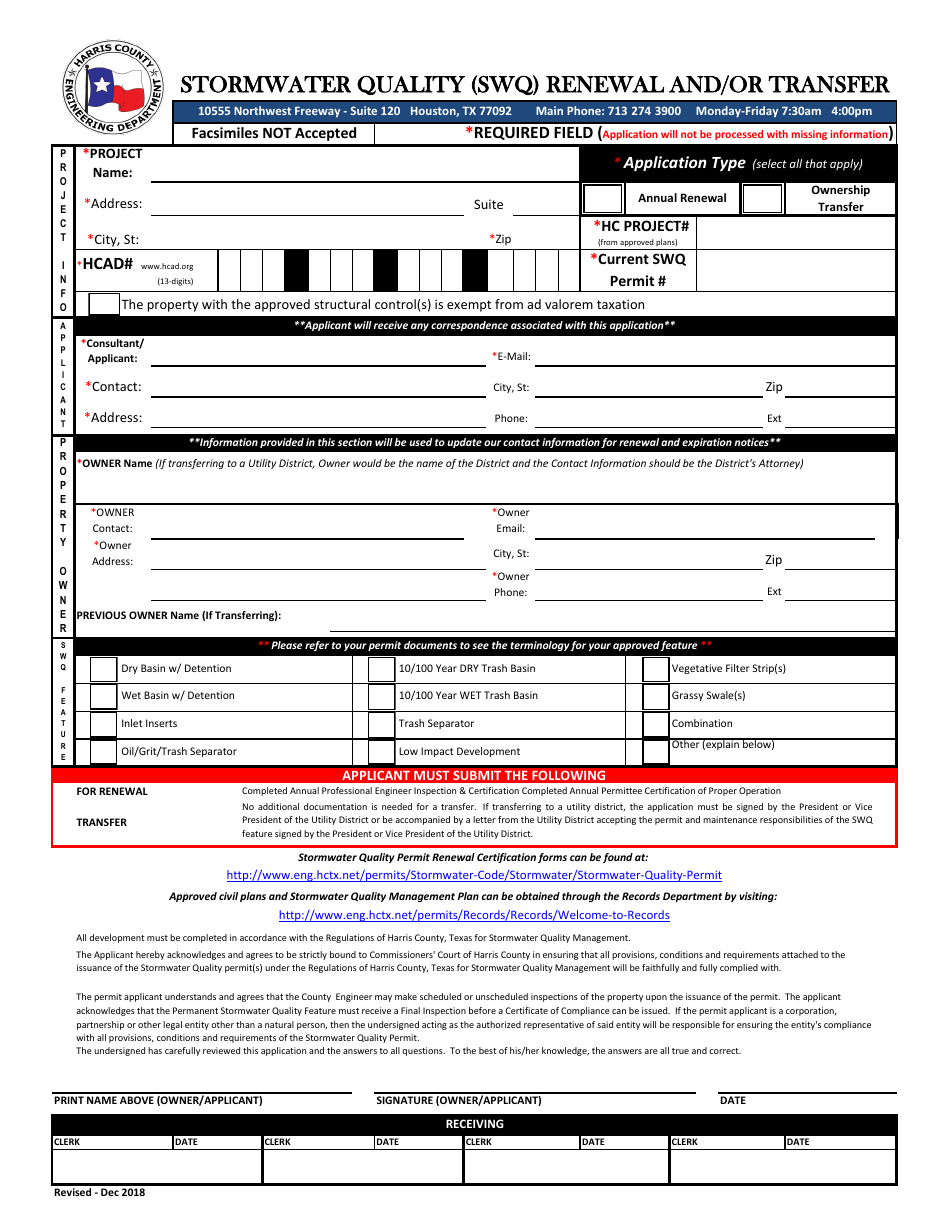 Harris County, Texas Stormwater Quality (Swq) Renewal and/or Transfer
