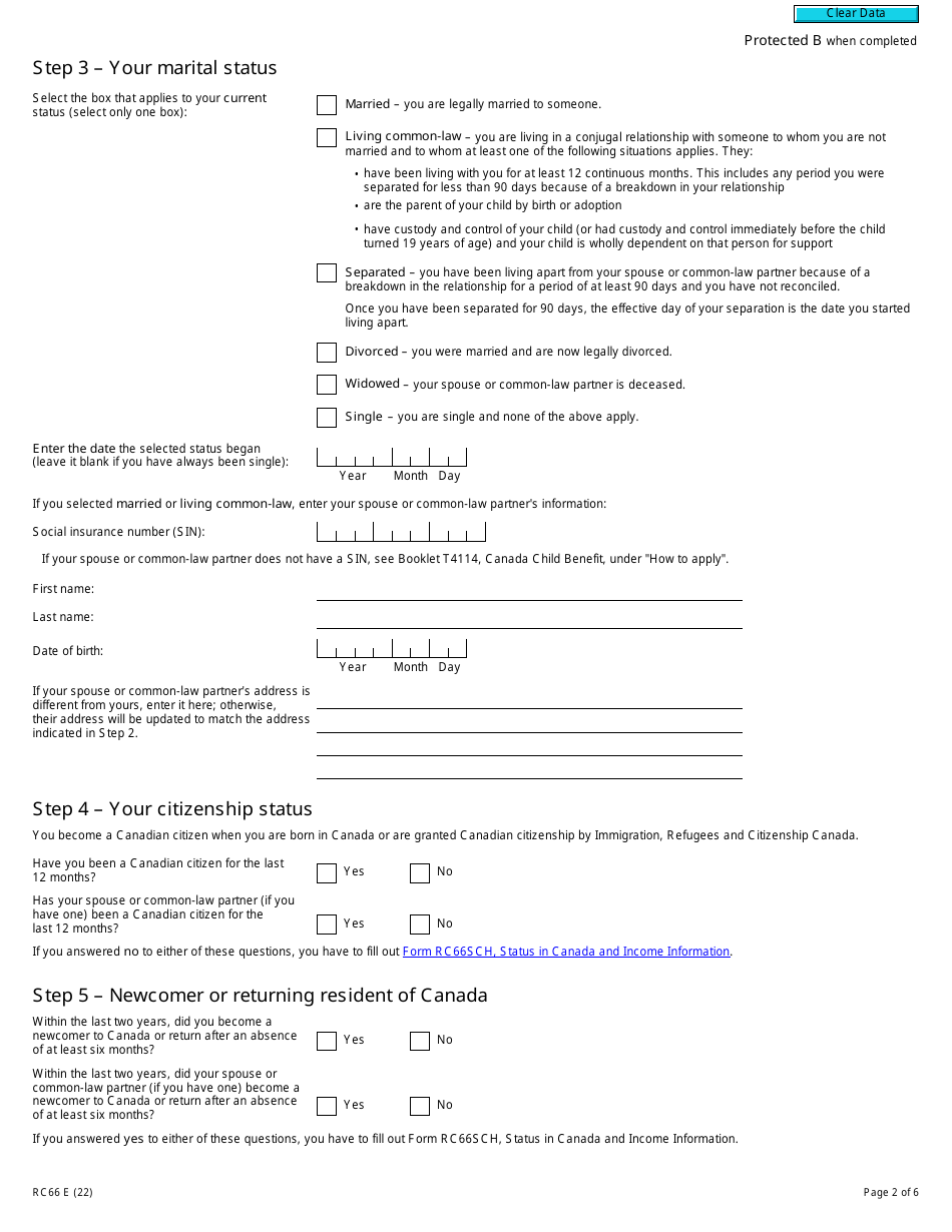 Form RC66 Canada Child Benefits Application Includes Federal, Provincial, and Territorial Programs - Canada, Page 2