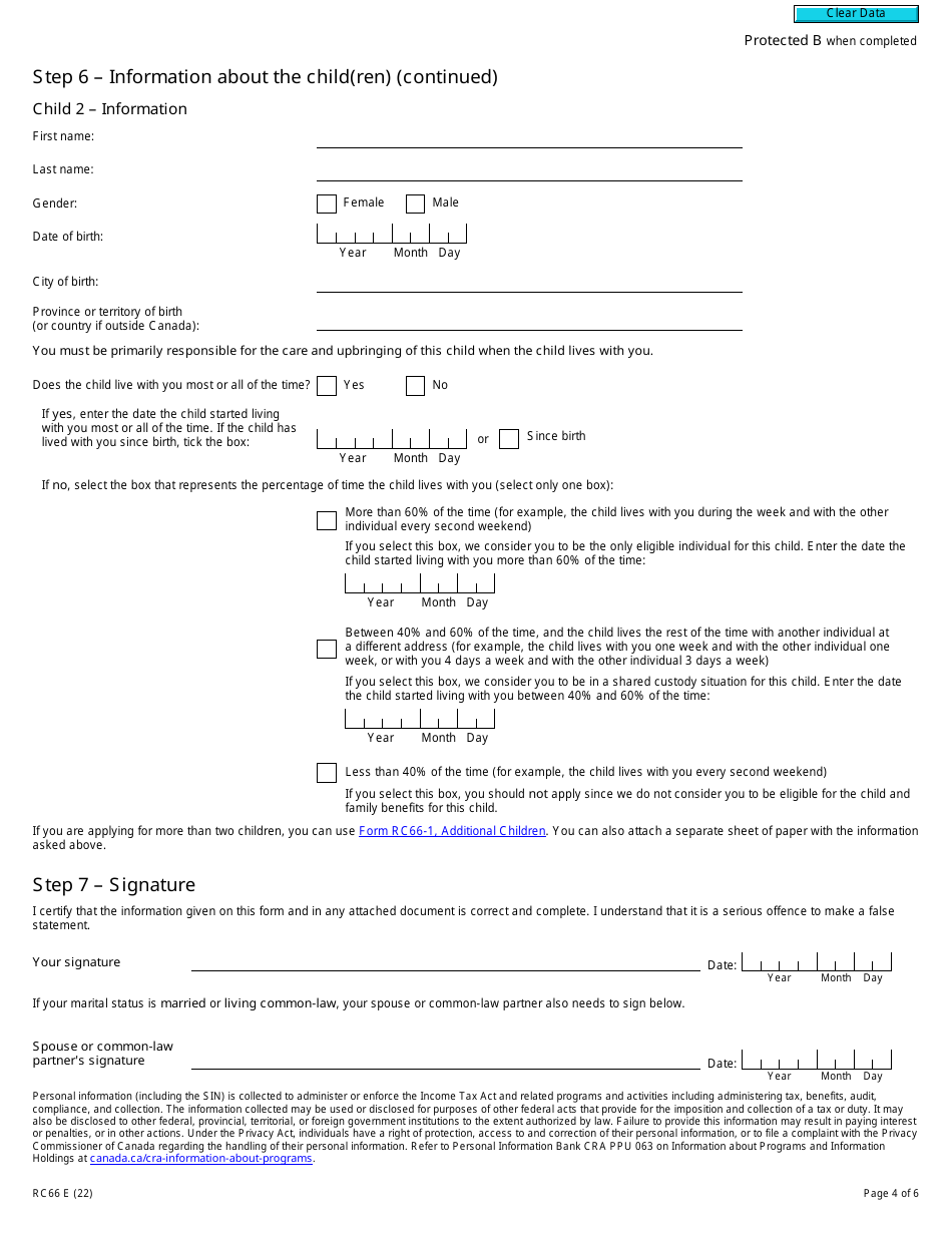 Form RC66 Canada Child Benefits Application Includes Federal, Provincial, and Territorial Programs - Canada, Page 4