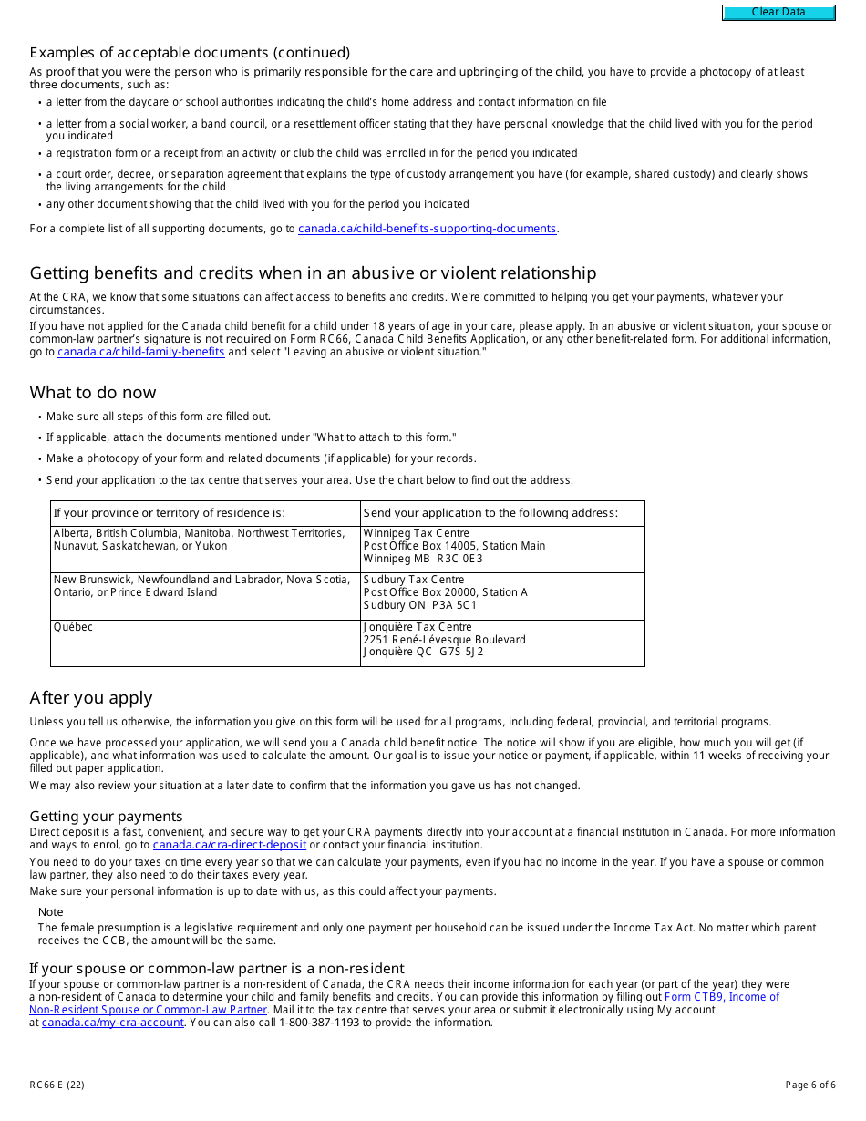 Form RC66 Canada Child Benefits Application Includes Federal, Provincial, and Territorial Programs - Canada, Page 6