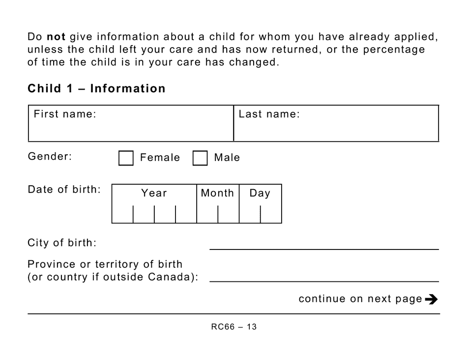 Form RC66 Canada Child Benefits Application Includes Federal, Provincial, and Territorial Programs (Large Print) - Canada, Page 13