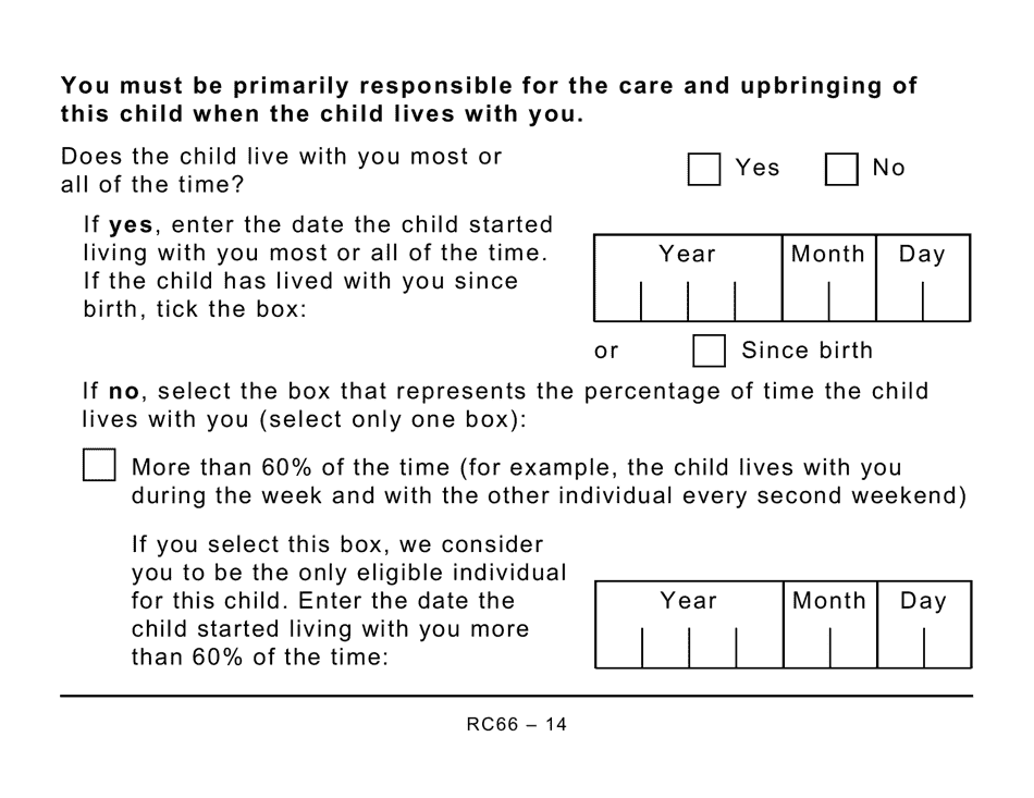 Form RC66 Canada Child Benefits Application Includes Federal, Provincial, and Territorial Programs (Large Print) - Canada, Page 14
