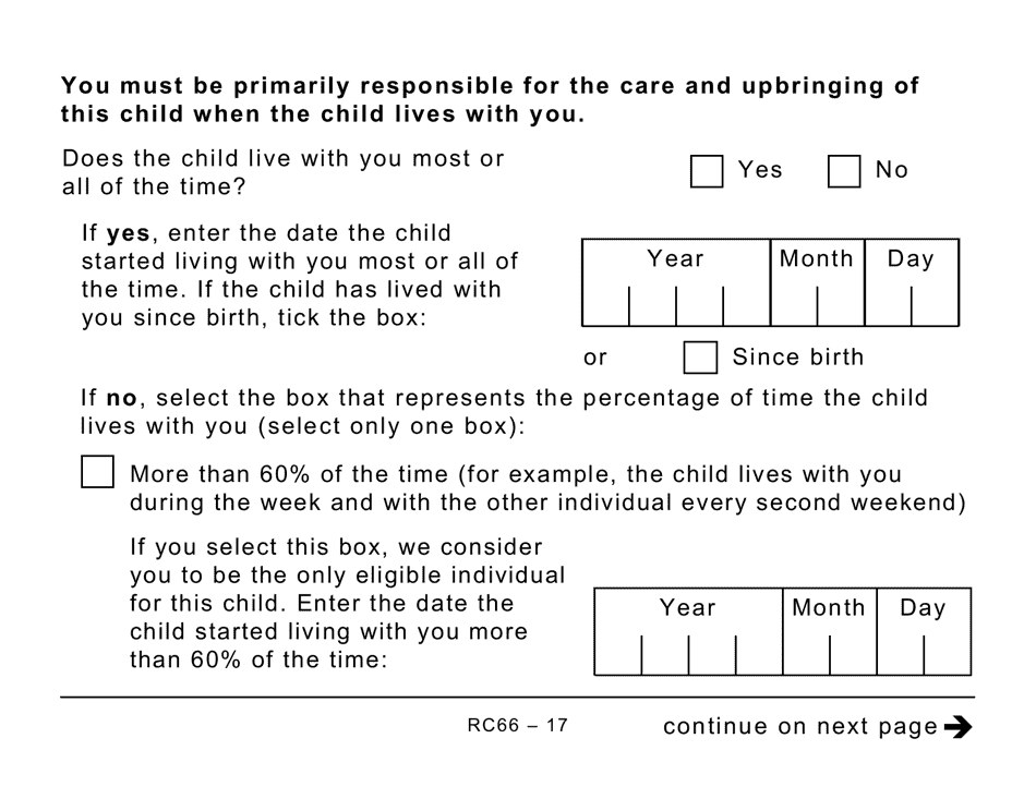 Form RC66 Canada Child Benefits Application Includes Federal, Provincial, and Territorial Programs (Large Print) - Canada, Page 17