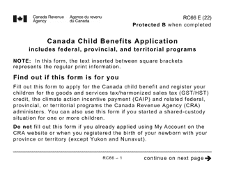 Form RC66 Canada Child Benefits Application Includes Federal, Provincial, and Territorial Programs (Large Print) - Canada